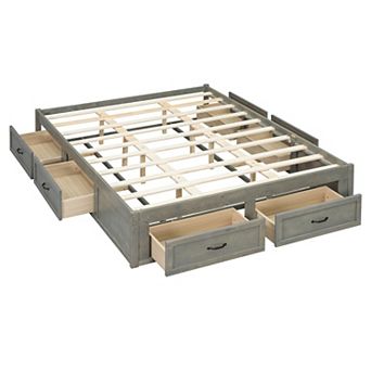 Pnronnc Open Bed Storage Frame Platform Bed Bookcase Captains Bed Wooden Daybed with 6 Drawers