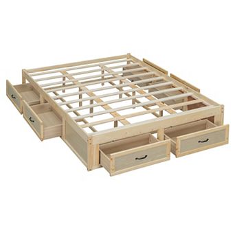 Pnronnc Open Bed Storage Frame Platform Bed Bookcase Captains Bed Wooden Daybed with 6 Drawers