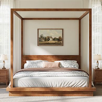 Pnronnc Wooden Frame Canopy Bed Four Poster Bed Low Profile Platform Bed with Headboard