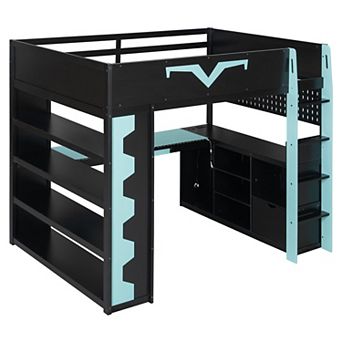 Pnronnc Full Loft Bed with Desk, RGB Light, Pro-Gamer Bed with Power Outlet, Pegboard, Keyboard Tray