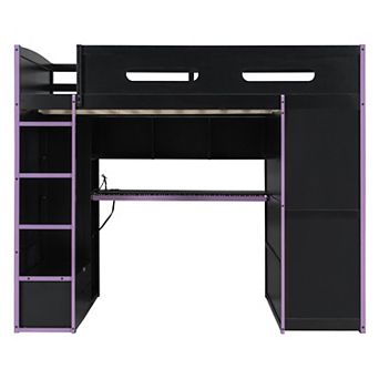 Pnronnc Full Size Gaming Bed Wood Loft Bed with Desk, Wardrobe, RGB Light