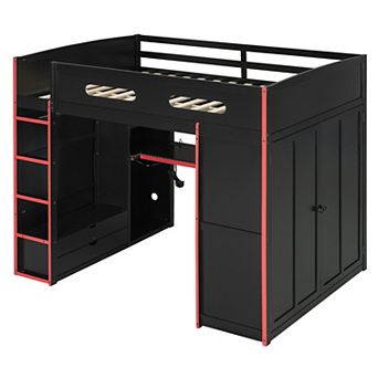 Pnronnc Full Size Gaming Bed Wood Loft Bed with Desk, Wardrobe, RGB Light