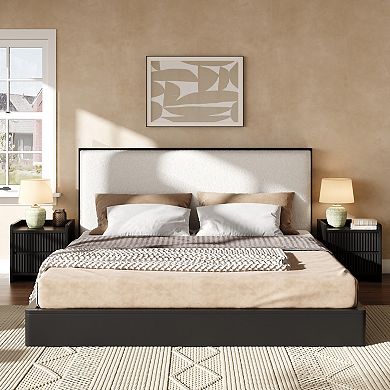 Pnronnc Boucle Upholstered Platform Bed Low Profile Grounded Bed with Headboard No Box Spring Needed