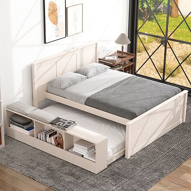 Pnronnc Wooden Storage Frame Bed Modern Platform Bed with Pull Out Bookcase Trundle Bed