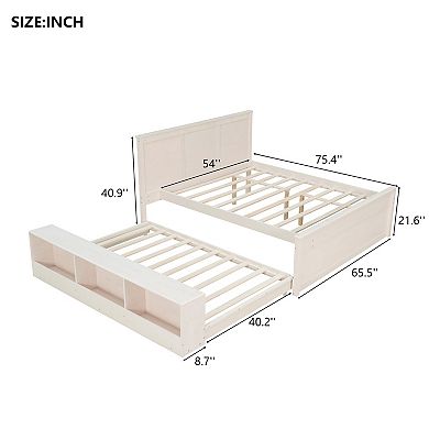 Pnronnc Wooden Storage Frame Bed Modern Platform Bed with Pull Out Bookcase Trundle Bed