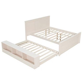 Pnronnc Wooden Storage Frame Bed Modern Platform Bed with Pull Out Bookcase Trundle Bed
