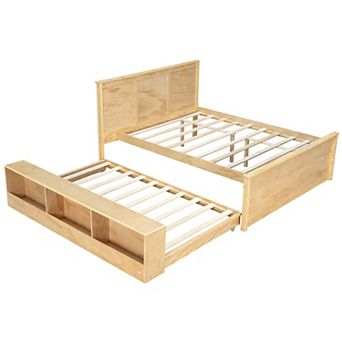 Pnronnc Wooden Storage Frame Bed Modern Platform Bed with Pull Out Bookcase Trundle Bed
