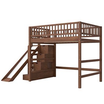 Pnronnc 2-in-1 Loft Bed & Bunk Bed, Wood Frame Loft Bed with Storage Stair, Slide, Underbed LED