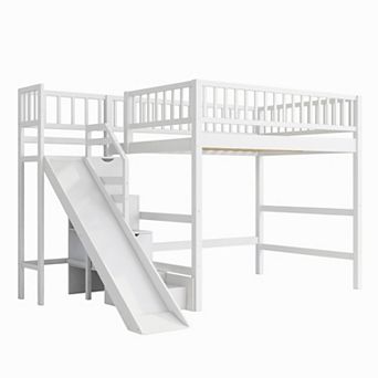 Pnronnc 2-in-1 Loft Bed & Bunk Bed, Wood Frame Loft Bed with Storage Stair, Slide, Underbed LED