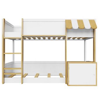 Pnronnc House Design Wood Bed Twin Over Twin Bunk Bed with Desk, Cabinet, Ladder, USB Ports