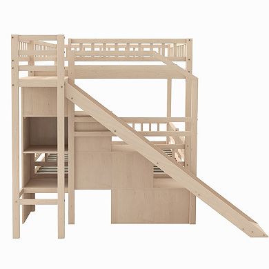 Pnronnc Full over Full Bunk Bed Storage Frame Loft Bed with Storage Staircase, Slide and 2 Drawers
