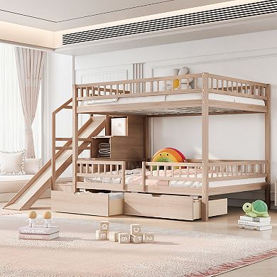 Pnronnc Full over Full Bunk Bed Storage Frame Loft Bed with Storage Staircase, Slide and 2 Drawers