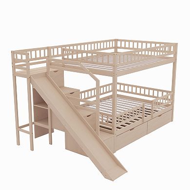Pnronnc Full over Full Bunk Bed Storage Frame Loft Bed with Storage Staircase, Slide and 2 Drawers