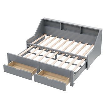 Pnronnc Convertible Daybed Frame Twin to King Size Platform Bed with Bookcases, Drawers and Charging