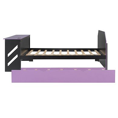 Pnronnc Full Size Daybed Wood Frame Sofa Bed Platform Bed with Trundle Bed, Underbed Desk and USB