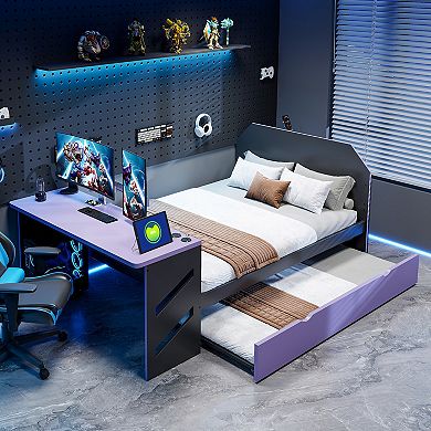 Pnronnc Full Size Daybed Wood Frame Sofa Bed Platform Bed with Trundle Bed, Underbed Desk and USB