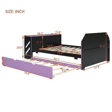 Pnronnc Full Size Daybed Wood Frame Sofa Bed Platform Bed with Trundle Bed, Underbed Desk and USB