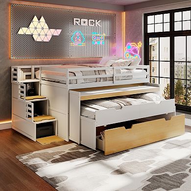 Pnronnc All-in-one Loft Bed Bunk Bed with Desk, Trundle, Drawers, Storage Step, Workstation Bedframe
