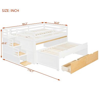 Pnronnc All-in-one Loft Bed Bunk Bed with Desk, Trundle, Drawers, Storage Step, Workstation Bedframe