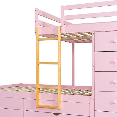Pnronnc Full Size Bunk Bed L-shape Bunk Bed Platform Bed and Daybed with 7 Drawers and Wardrobe