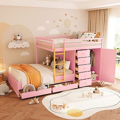 Pnronnc Full Size Bunk Bed L-shape Bunk Bed Platform Bed and Daybed with 7 Drawers and Wardrobe