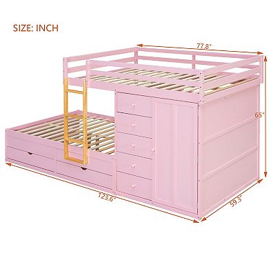 Pnronnc Full Size Bunk Bed L-shape Bunk Bed Platform Bed and Daybed with 7 Drawers and Wardrobe