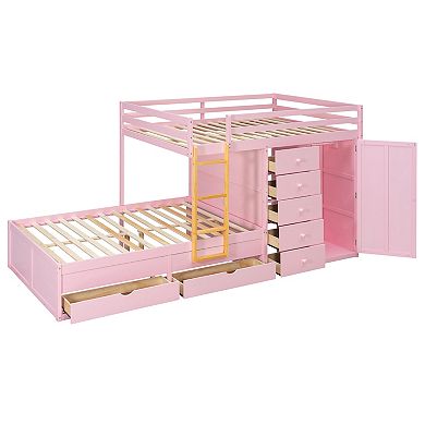 Pnronnc Full Size Bunk Bed L-shape Bunk Bed Platform Bed and Daybed with 7 Drawers and Wardrobe