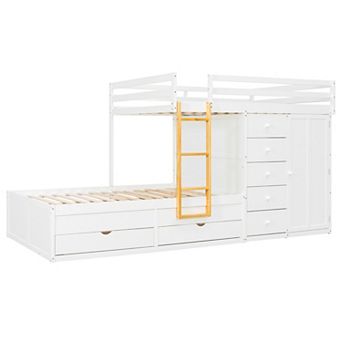 Pnronnc Full Size Bunk Bed L-shape Bunk Bed Platform Bed and Daybed with 7 Drawers and Wardrobe