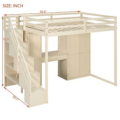 Pnronnc Full Size Loft Bed with Storage Stair, Dressing Table, Mirror, Drawer, Wardrobe, USB, Lights