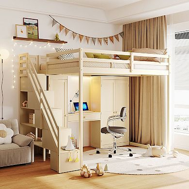Pnronnc Full Size Loft Bed with Storage Stair, Dressing Table, Mirror, Drawer, Wardrobe, USB, Lights
