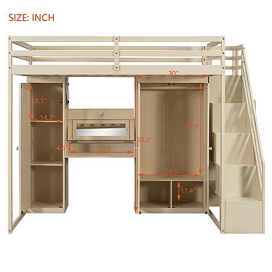 Pnronnc Full Size Loft Bed with Storage Stair, Dressing Table, Mirror, Drawer, Wardrobe, USB, Lights