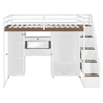 Pnronnc Full Size Loft Bed with Storage Stair, Dressing Table, Mirror, Drawer, Wardrobe, USB, Lights