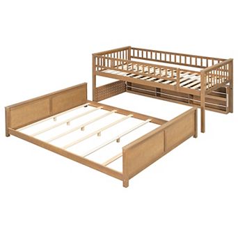 Pnronnc Convertible Bunk Bed 2-in-1 Loft Bed, Montessori Floor Bed with Bookcase, Lights, Pegboard