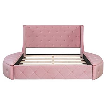 Pnronnc Queen Size Velvet Upholstered Platform Bed Tufted Wingback Bed with 2 Side Stool and Drawer
