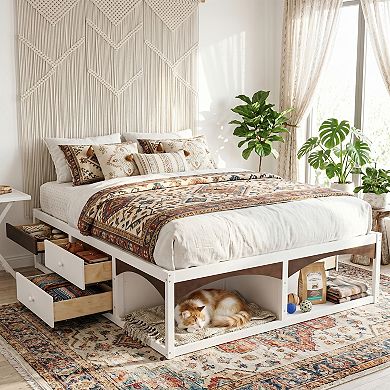 Pnronnc Modern Open Frame Bed King Size Platform Bed with 6 Drawers, Pet-Friendly Design