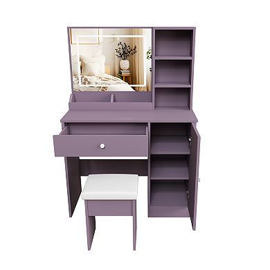 Trikiousd 2-Piece Bedroom Makeup Vanity Set with Stool & Adjustable LED Lighted Mirror