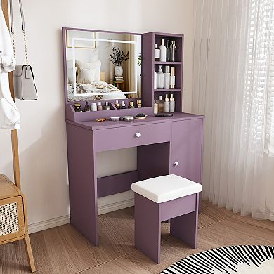Trikiousd 2-Piece Bedroom Makeup Vanity Set with Stool & Adjustable LED Lighted Mirror