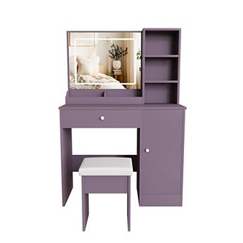 Trikiousd 2 pc Bedroom Makeup Vanity Set with Stool & Adjustable LED Lighted Mirror
