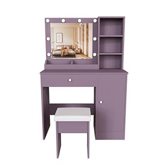 Trikiousd 2 pc Bedroom Makeup Vanity Set with Stool & Adjustable LED Lighted Mirror