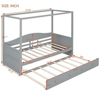 Pnronnc Four Poster Daybed Twin Size Canopy Day Bed Wood Platform Bed with 2 Drawers or Trundle