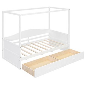 Pnronnc Four Poster Daybed Twin Size Canopy Day Bed Wood Platform Bed with 2 Drawers or Trundle