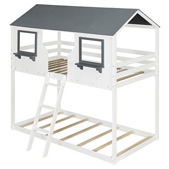 Pnronnc Playhouse House Bed Twin Over Twin Bunk Bed Floor Bed with Roof, Window, Guardrail & Ladder