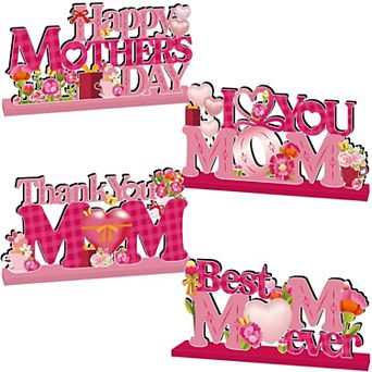 4 pc Pink Heart Mother's Day Wood Decor