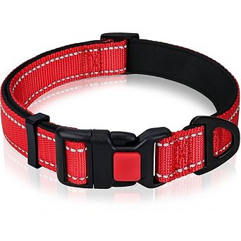 Reflective Dog Collar Large, Soft Neoprene Padded with Locking Buckle, Red, for Pitbull & Labrador