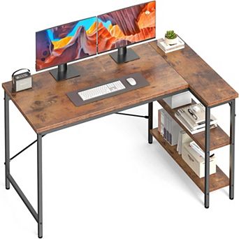 L-shaped office desk, 39-55 inch computer desk, writing workbench with flip-top storage shelves.
