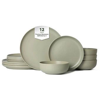 12 pc Stoneware Dinner Plates Bowls Sets of Stackable Matte Glaze,Microwave and Dishwasher Safe