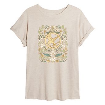 Juniors' The Hunger Games Mockingjay Pin Floral Oversized Tee