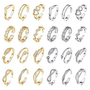 24 pc Adjustable Toe Rings Set Women