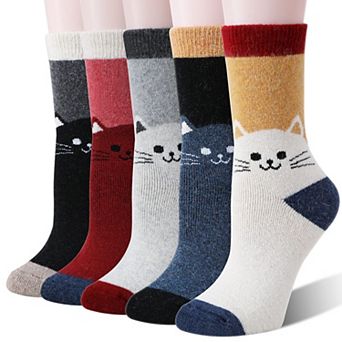 5 Pairs Merino Wool Cat Crew Socks Thermal Thick Cozy Cute Warm