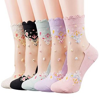 5 Pack Ruffle Trim Sheer Ankle Socks Lightweight Summer Nylon Mesh Floral Socks